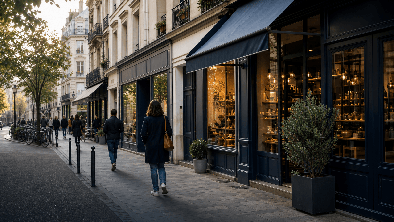 Rue commerçante animée bordée de commerces de proximité